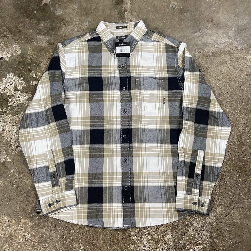 NWT Eddie Bauer Button Down Shirt Size Large Beige Plaid Classic Fit NEW